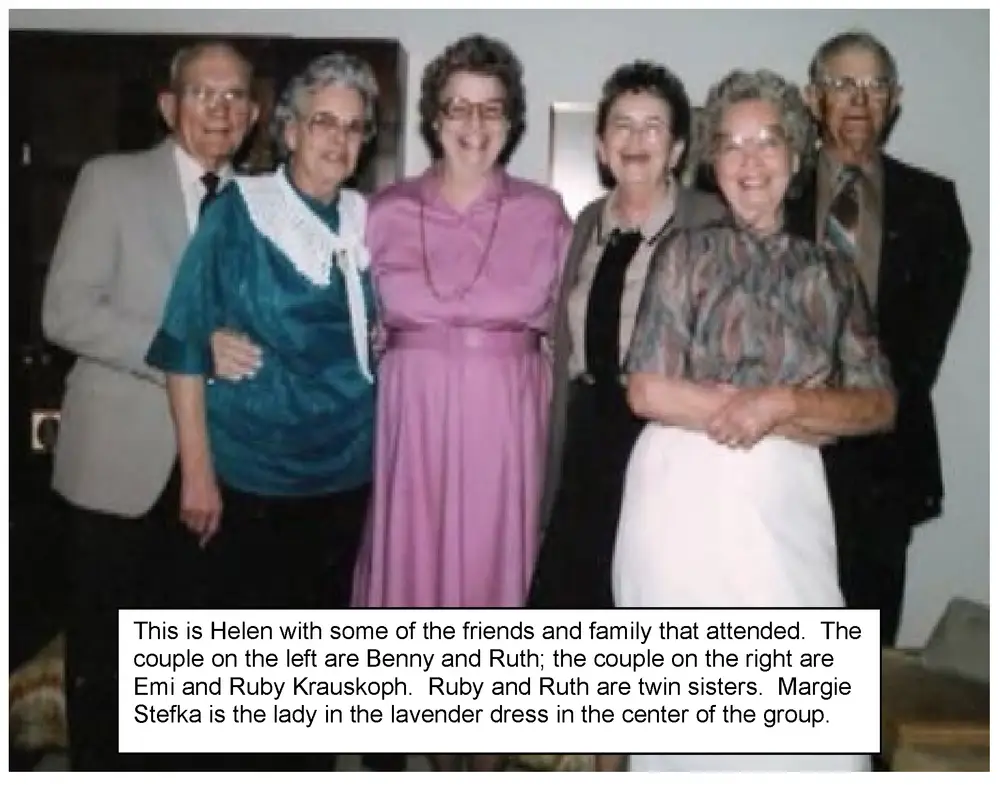 Group photo of six people posing together indoors: a man and woman on the left (Benny and Ruth), a woman in a lavender/pink dress in the center (Margie Stefka), a woman in a gray outfit, a woman in a patterned blouse and white skirt, and a man on the right; identified as Emi and Ruby Krauskoph on the right side.