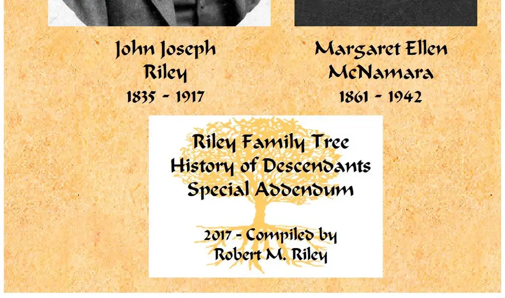 Logo box with a stylized tree graphic and text reading 'Riley Family Tree, History of Descendants, Special Addendum, 2017 - Compiled by Robert M. Riley'.