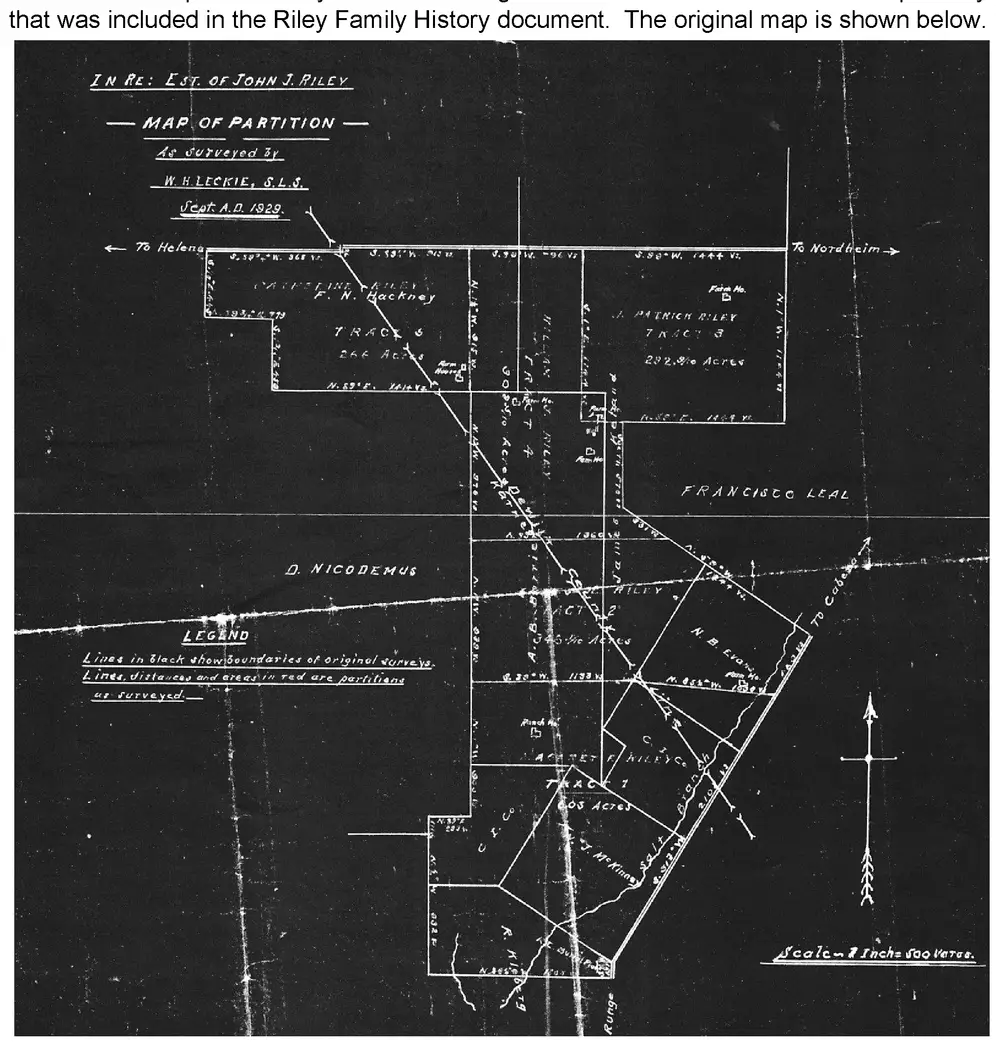 Scanned survey map titled 'IN RE: EST. OF JOHN J. RILEY — MAP OF PARTITION — As surveyed by W.H. Leckie, S.L.S., Sept. A.D. 1929.' Shows tracts of land partitioned among Riley family descendants: Tract 6 (Catherine Riley / F.N. Hackney, 266 Acres), Tract 3 (J. Patrick Riley, 292.9/10 Acres), Tract 4/5 (Wm./A.B. Riley), Tract 2 (A.J. Riley, 345 1/10 Acres), Tract 1 (C.J. Riley, 605 Acres). Roads to Helena, Nordheim, and Cabeza are marked, along with neighboring landowners D. Nicodemus, Francisco Leal, N.B. Evans, J. McKinis, and R. Kief, farm house locations, a legend explaining that black lines show original survey boundaries and red lines/distances show partitions as surveyed, a compass arrow, and a scale note reading 'Scale = 1 Inch = 500 Varas.'