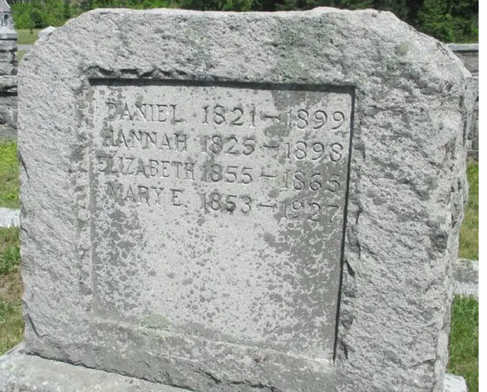 Back view of the same Riley monument, showing a recessed inscribed panel listing family members' names and birth-death years, set in a wooded cemetery.